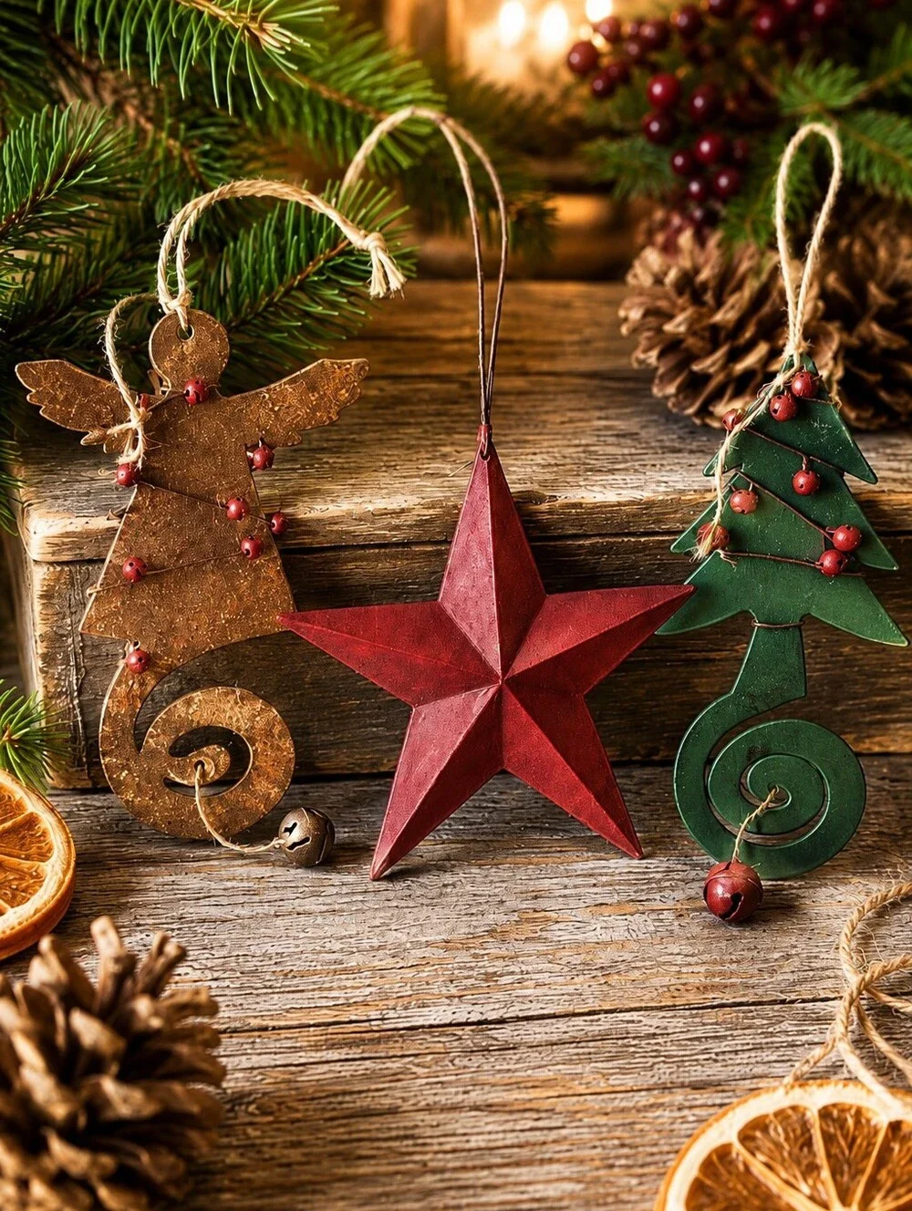 Vintage Rustic Christmas Ornament Set of 3 – Star, Tree & Angel